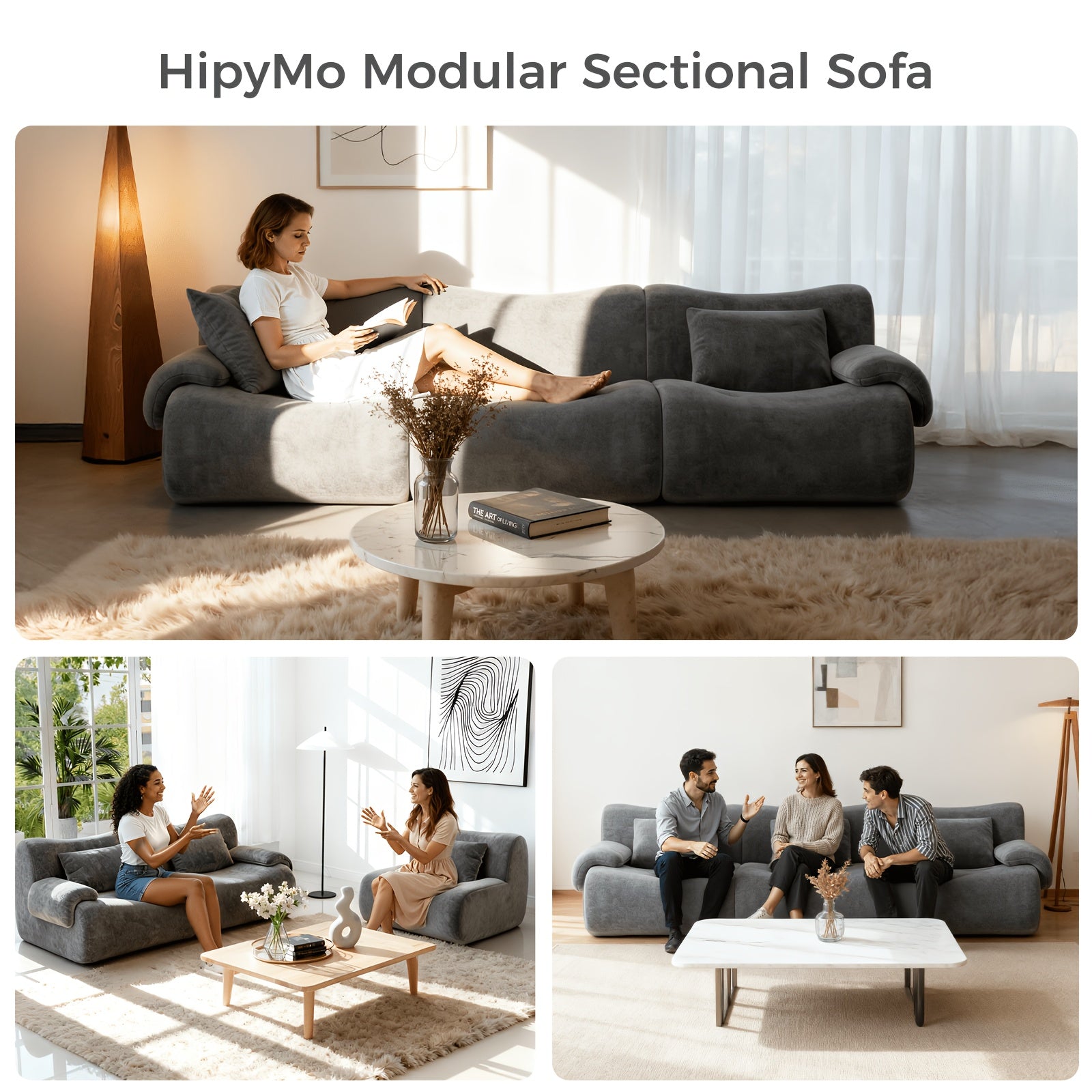 Boneless Cloud Couch, Modular Sectional Sofa with Throw Pillows, Deep Seat Sectional Sofa 2 Seater for Living Room, 35D High-Density Foam, No Spring & No Assembly Required, Chenille