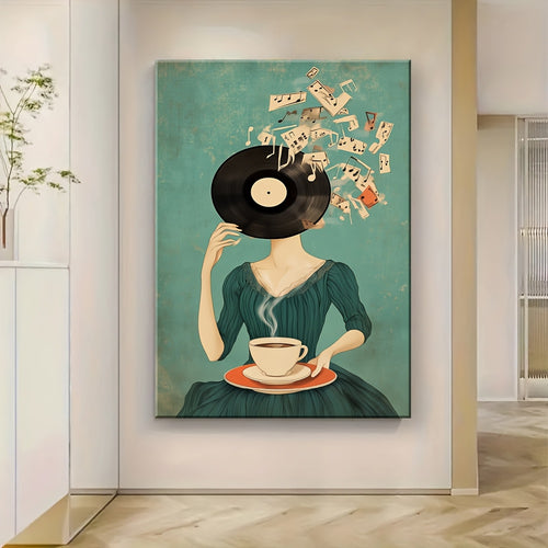 1pc Wood Frame Canvas Painting - Retro Woman in Green Dress with Vinyl Records & Musical Notes, Vintage Art Deco Wall Art for Living Room, Bedroom, Office Decor - Unique Gift Idea, Canvas Art Wall Decor, Artistic Craftsmanship