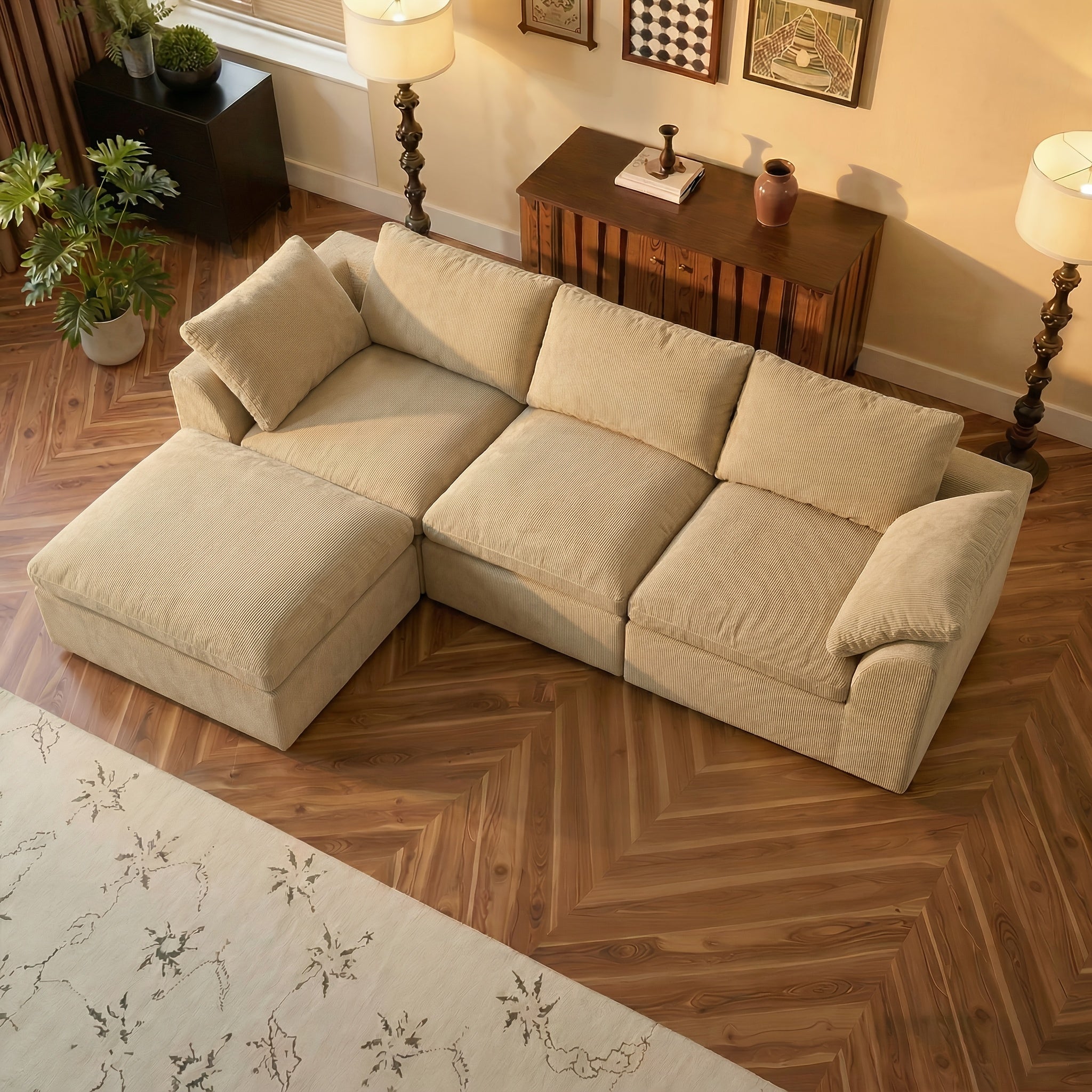 Boneless Couches For Living Room, Modular L Shaped Cloud Sofa With Deep Seat, Convertible L-Shape Couch With Ottoman, Memory Foam Compressed Sofa For Bedroom Apartment