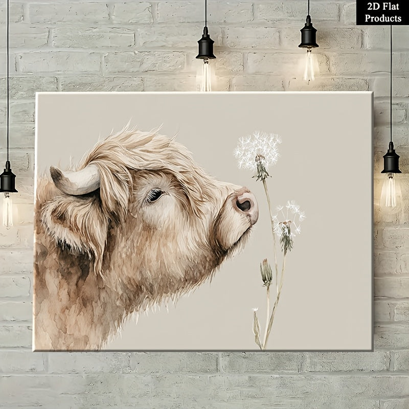 2D Flat, 1pc Wooden Framed Canvas Painting Wall Art Poster, A Close up Shot of a Highland Cow Lowering Its Head to Gently to 1, Classic Modern Style, Elegant Decorative Artwork with Pine Wood Frame, Home Office and Dining Room, Ideal Gift