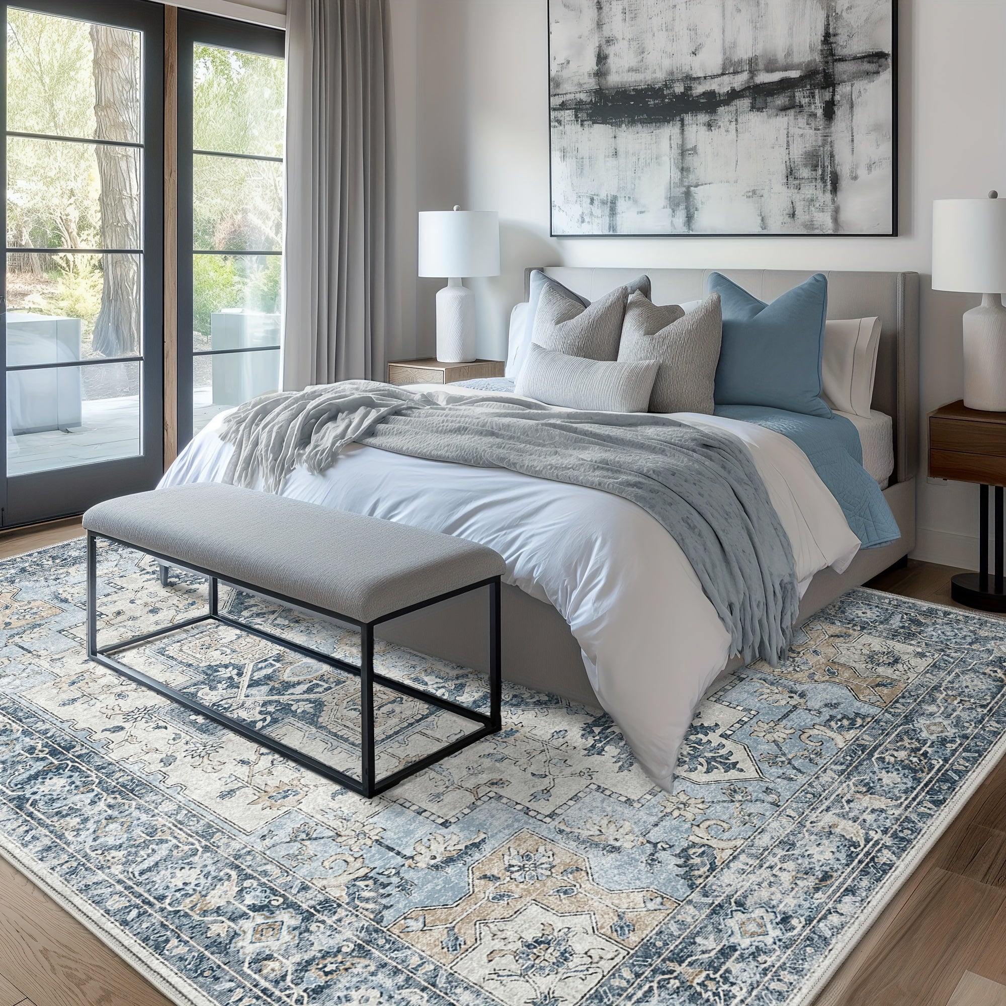 Living Room Area Carpets, Washable in Machines, Vintage-Style Non-Slip Rugs, Lightweight Low-Pile Chenille Printed Rugs Suitable for Bedrooms, Dining Areas, Home Offices, And Bathrooms, in Blue