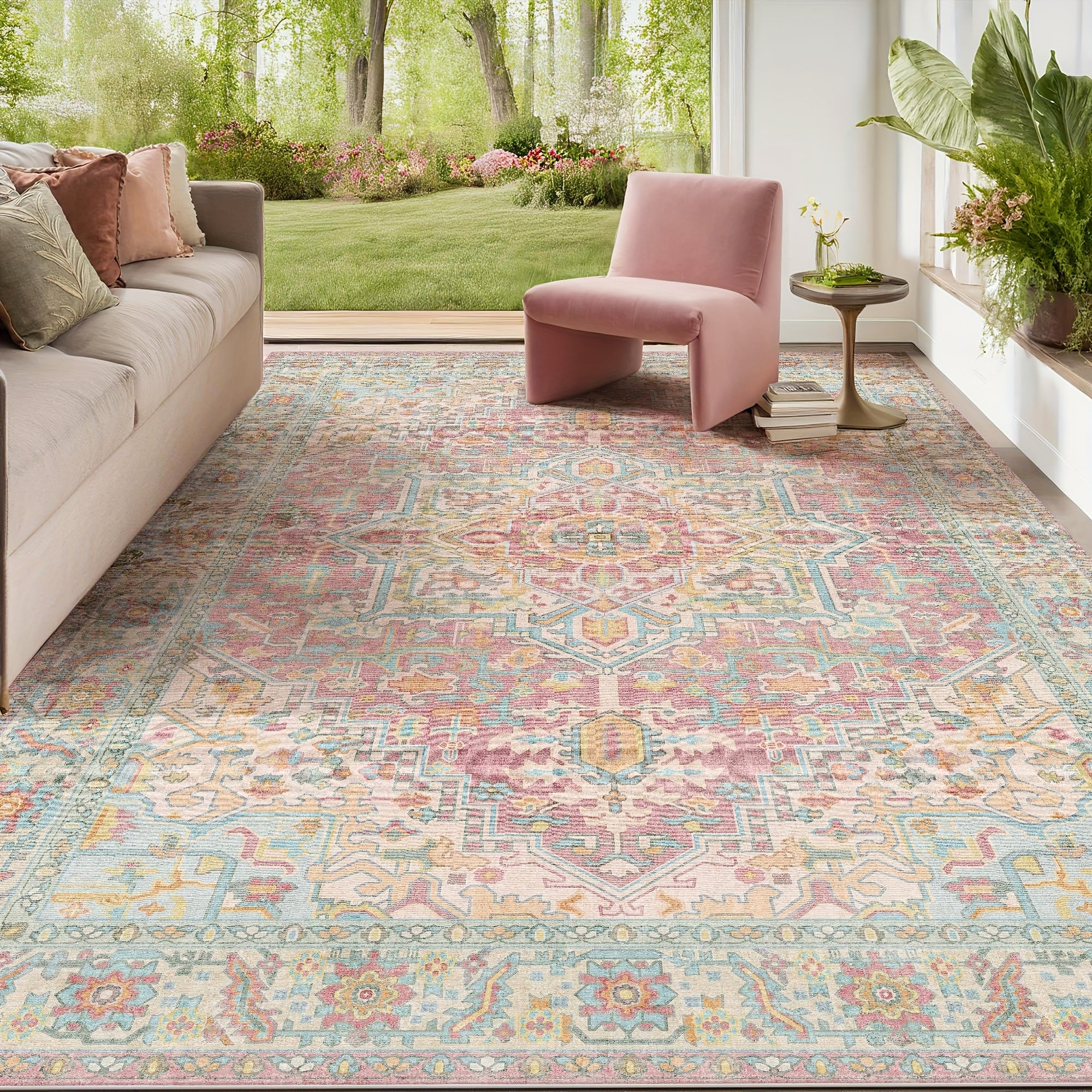 1pc Machine Washable Non-Slip Oriental Retro Rug - Low Pile Lightweight Printed Light-Colored Area Rugs for Living Room, Bedroom, Dining Room, Home Office Room Decor - Pink Blush