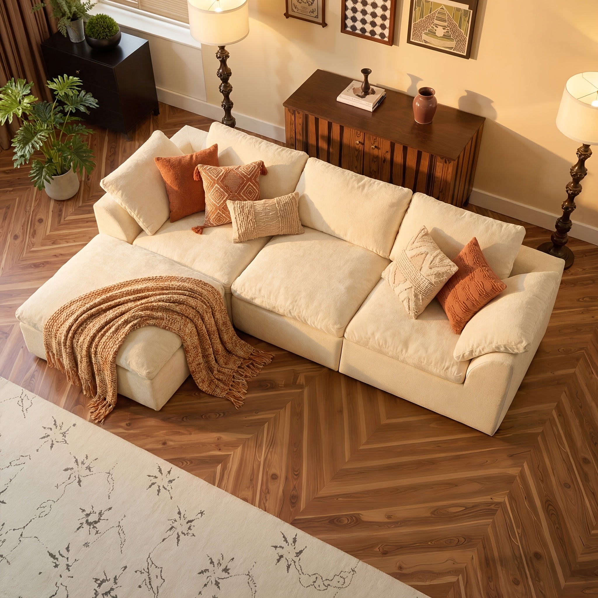Boneless Couches For Living Room, Modular L Shaped Cloud Sofa With Deep Seat, Convertible L-Shape Couch With Ottoman, Memory Foam Compressed Sofa For Bedroom Apartment