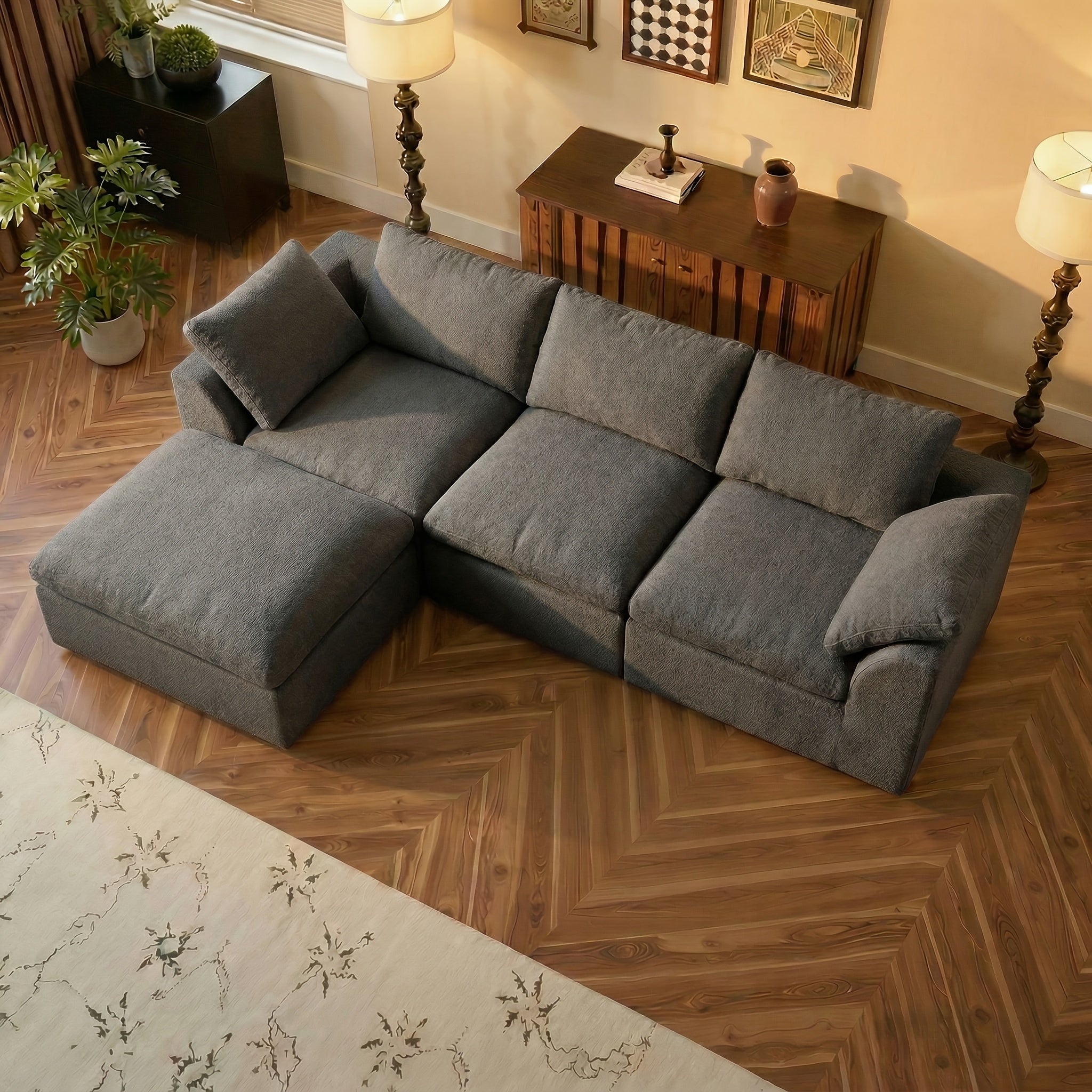 Boneless Couches For Living Room, Modular L Shaped Cloud Sofa With Deep Seat, Convertible L-Shape Couch With Ottoman, Memory Foam Compressed Sofa For Bedroom Apartment