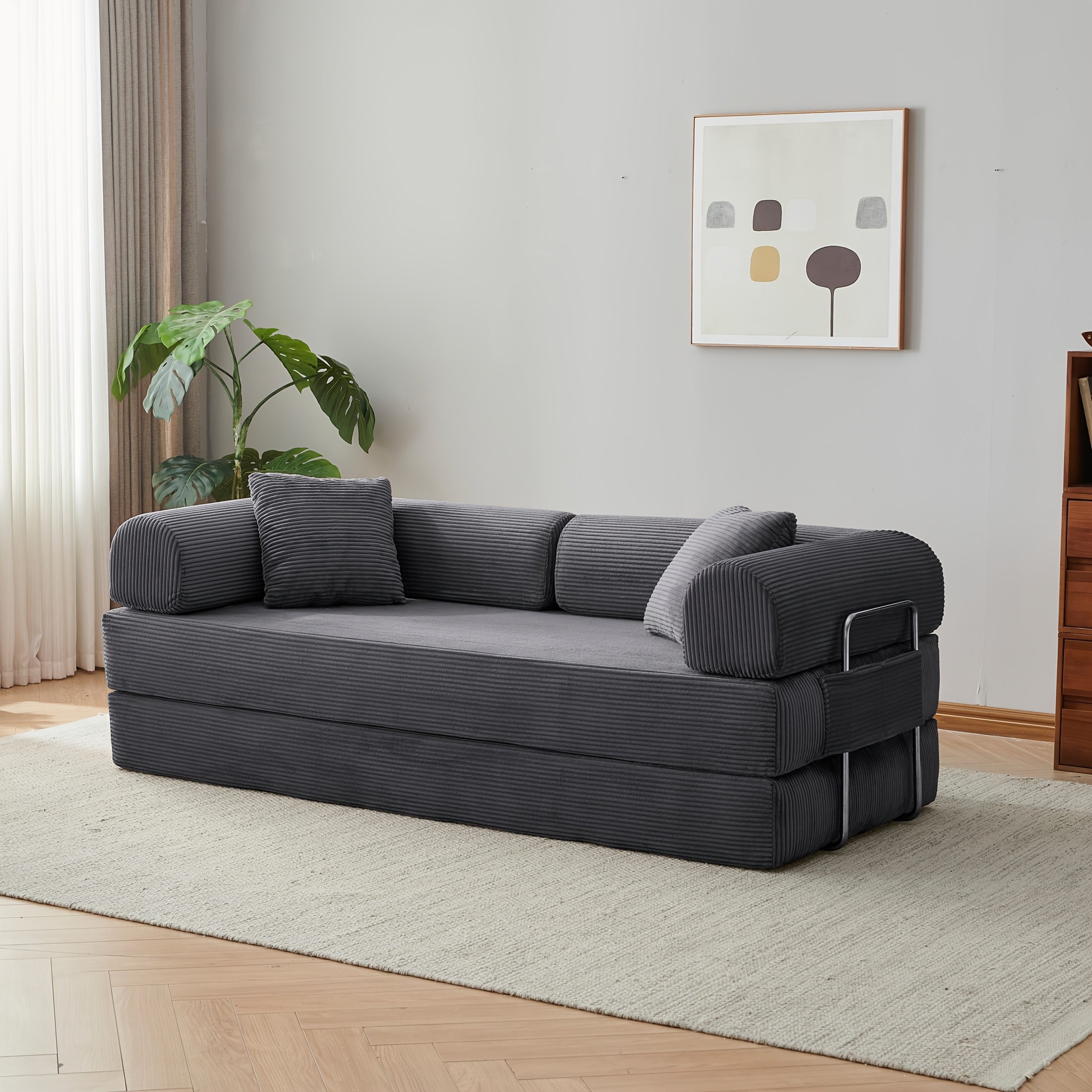 Lazy Corduroy Convertible Floor Sofa Bed | Pillow Back Armrest Futon Lounge
