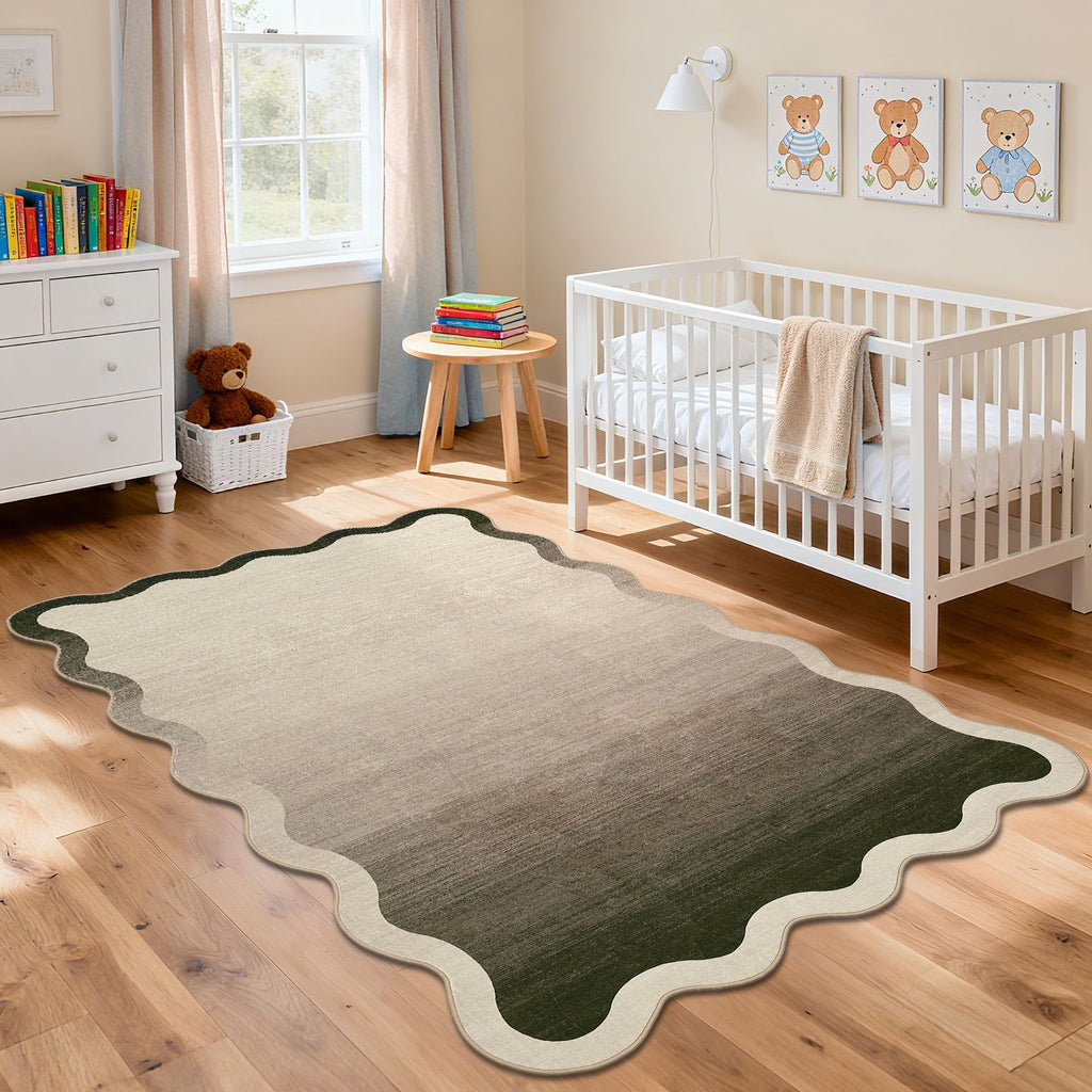 Modern Scalloped Ombre Rug | Soft Low Pile Neutral Indoor Polyester Rug, Non Slip Gradient Carpet for Living Room, Bedroom, Playroom, Dining Room