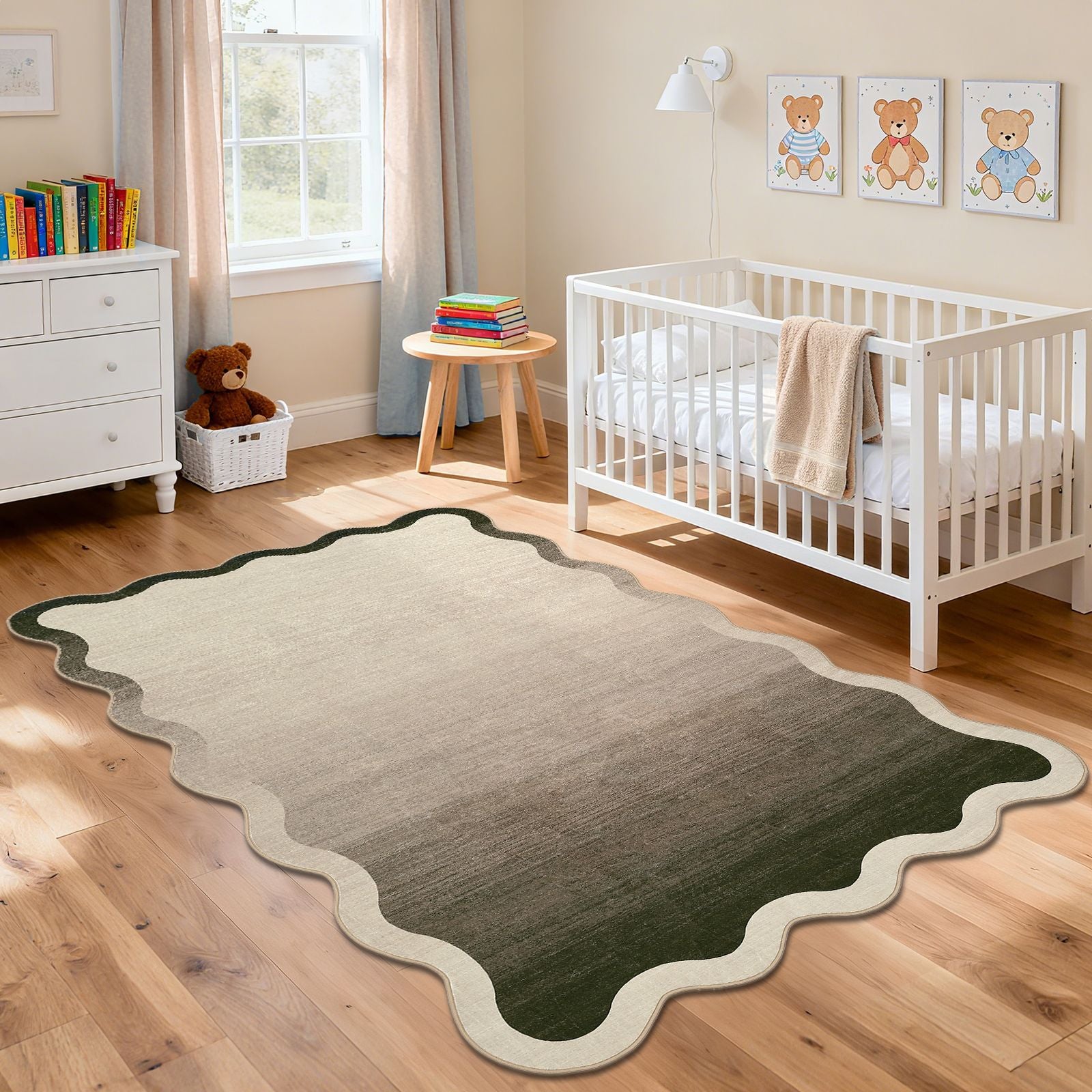 Modern Scalloped Ombre Rug | Soft Low Pile Neutral Indoor Polyester Rug, Non Slip Gradient Carpet for Living Room, Bedroom, Playroom, Dining Room