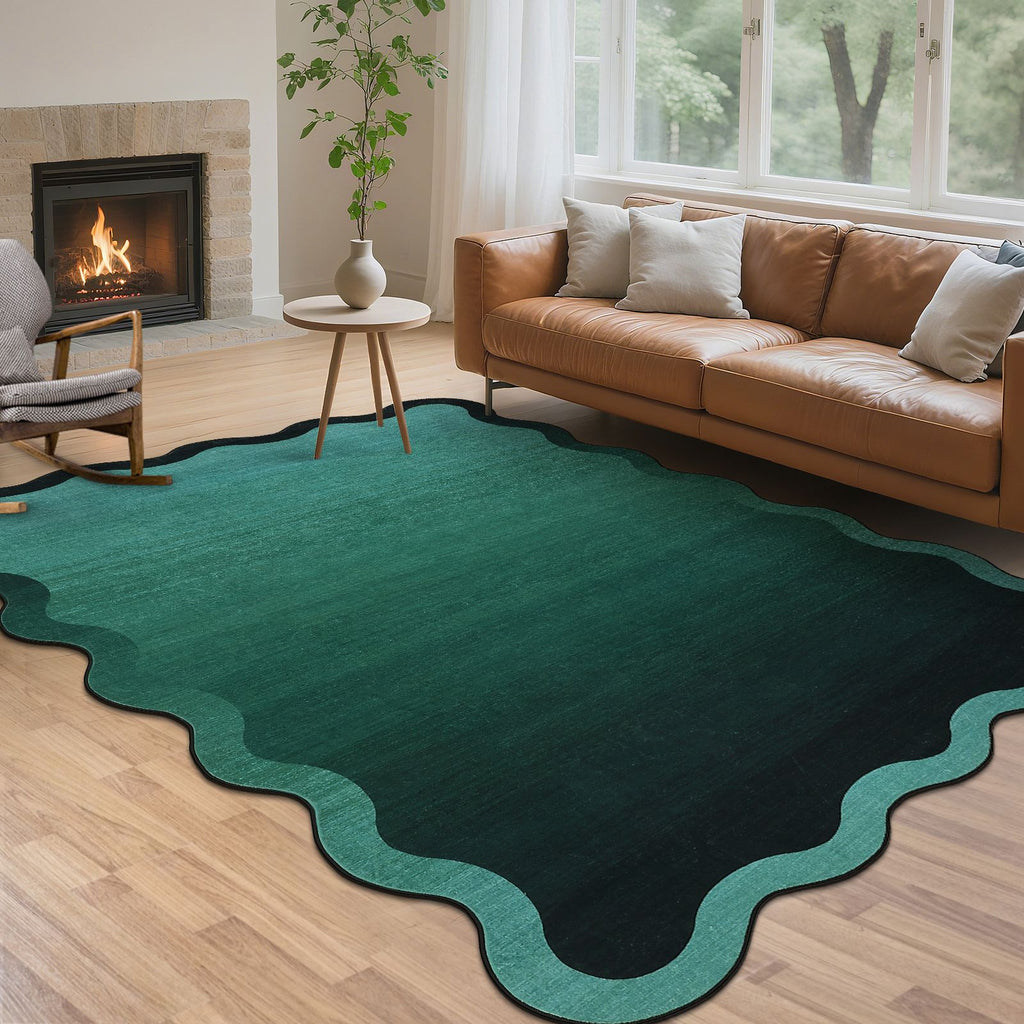 Modern Scalloped Ombre Rug | Soft Low Pile Neutral Indoor Polyester Rug, Non Slip Gradient Carpet for Living Room, Bedroom, Playroom, Dining Room