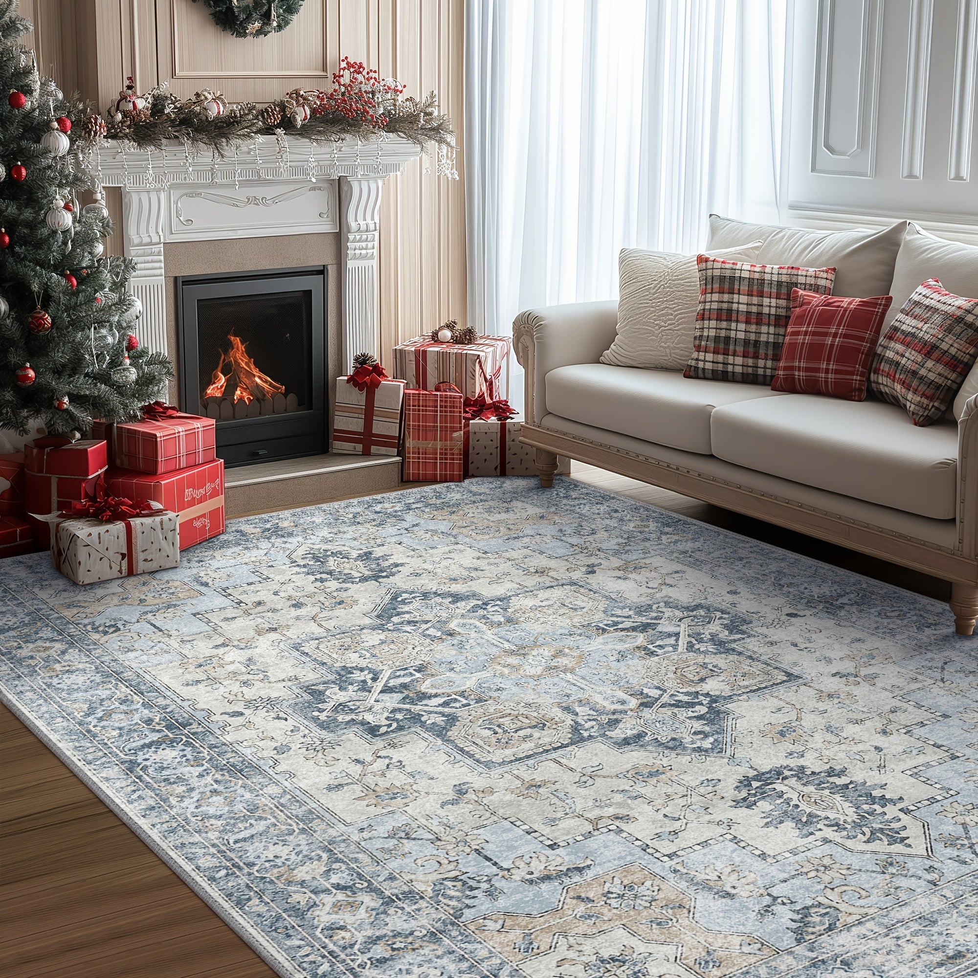Living Room Area Carpets, Washable in Machines, Vintage-Style Non-Slip Rugs, Lightweight Low-Pile Chenille Printed Rugs Suitable for Bedrooms, Dining Areas, Home Offices, And Bathrooms, in Blue